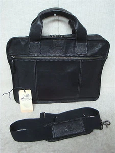 JOHNSTON & MURPHY - Black Pebbled Leather Slim Briefcase Messenger Shoulder Bag - Picture 1 of 10