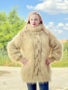 Beige mohair sweater cable pullover hand knitted fluffy thick jumper size L-XL - Picture 1 of 10