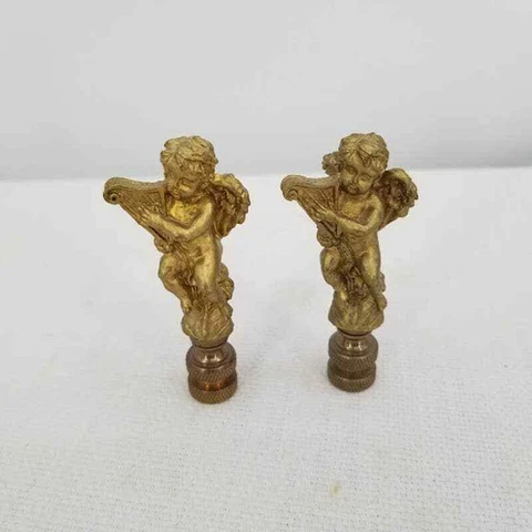 Vintage Pair Gold Tone Angels Playing Harps Brass Metal Lamp Finials Cover