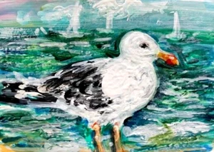 ORIGINAL ACEO Gemälde MÖWE Strand Wellen OZEAN VOGEL Sommer Küste Meer ATC KUNST - Bild 1 von 1