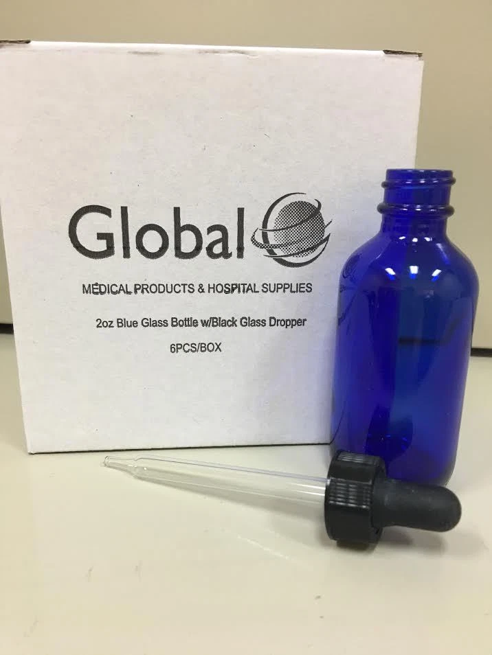 GLOBAL MEDICAL 2 OZ COBALT BLUE GLASS BOTTLES W/GLASS BLACK DROPPER (Qty of 6)