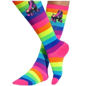 Girls Socks Rainbow Stripe Knee High Stockings Kids Skating Party Roller Skates - Picture 1 of 5