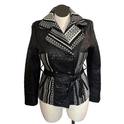Women's Black Quilted Faux Leather Geometric Print Belted Jacket Coat Size L - Image 1 of 4