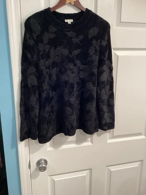 J JILL sweater pullover tunic chenille floral cozy soft casual knit black Sz L - Image 1 of 4