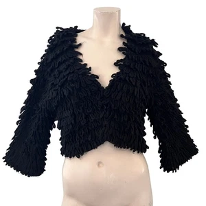Schwarz Shaggy Fransen Strick Pullover Jacke Damen L Grunge Indie Sleaze Boho Party - Bild 1 von 7