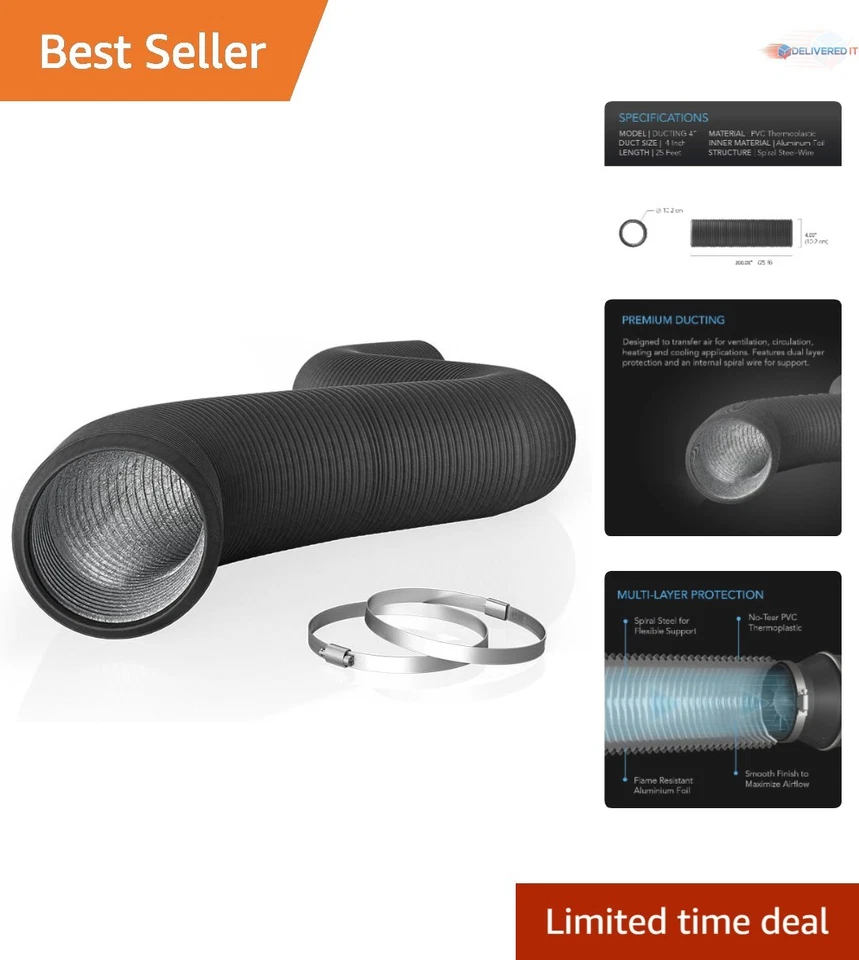 AC Infinity Flexible 4inch Aluminum Ducting HeavyDuty Fourlayer Protection 25ft