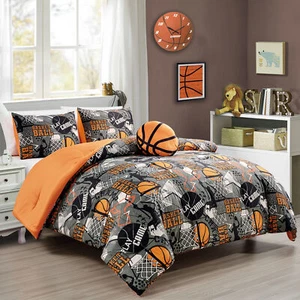Kids Bedding Set Slam Dunk Sports Basketball Comforter Set w/ Basketball Pillow - Picture 1 of 10