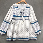 Misslook Top Women Extra Large Blue Patterned Peasant Blouse Long Balloon Sleeve