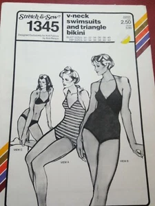 Vintage Stretch & Sew Pattern 1345 V-Neck Swimsuits Bikini Hip Sizes 30-40 UNCUT - Picture 1 of 6