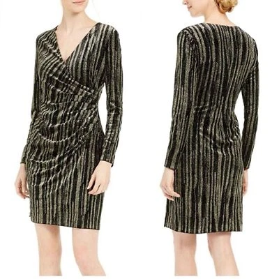 NWT Calvin Klein Velvet Glitter Faux Wrap Cocktail Sheath Dress Black Gold SZ 14 - Image 1 of 4