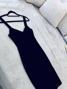 FRENCH CONNECTION sz 10 Black Body-con Stretch Knee Length Pencil Strapped Dress - Picture 1 of 6