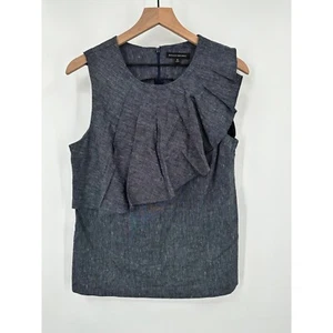 Banana Republic Linen Blouse Sleeveless Women 10 Gray Pleated Ruffle Detail - Picture 1 of 8