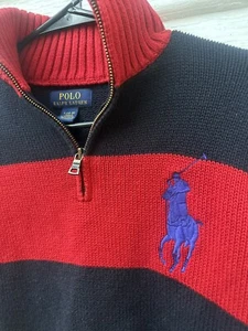 Ralph Lauren Polo Sweater Boy Large Navy Blue Red BiG Pony Knit Zip Boys 14-16 - Picture 1 of 5