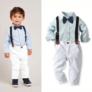 Baby Boy Formal Party Wedding Boys Outfits Bow Shirt+Straps Pants Clothes Sets - Picture 1 of 12