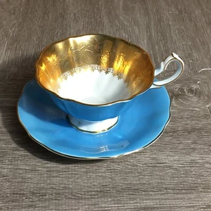 Unique Queen Anne bone china coffee tea cup and saucer blue/gold scalloped 6409 - Picture 1 of 17