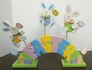 Easter Bunnies / Rabbits on Springs on Wooden "EASTER" Sign - Picture 1 of 5