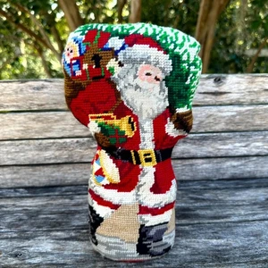 Vintage Red Santa Claus Christmas Needlepoint Standing Throw Pillow Handmade 11" - Picture 1 of 9