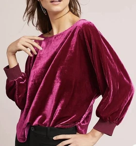 Maeve Anthropologie Damen Carmen Samt Top Magenta U-Boot Ausschnitt Langarm Gr. M - Bild 1 von 16