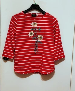 Bob Mackie Langarmshirt rot-weiß gestreift Gr. L geblümt relaxed - Bild 1 von 11