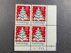Scott# 2515 - 1990 Commemoratives - 25 cents Christmas Tree Plate Block - Picture 1 of 1