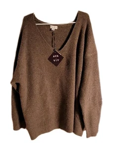 Ava & Viv Women V-Neck Soft Cozy Ribbed Knit Pullover Sweater Size 2X Brown NWT - Picture 1 of 7