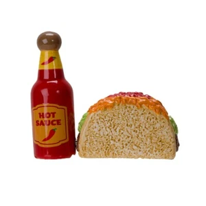 PT Taco Tuesday Taco & Hot Sauce Magnetic Ceramic Salt and Pepper Shakers Set - Picture 1 of 4