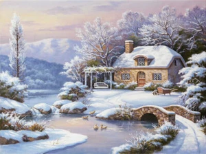 Winter River House Full Drill 5D Round Diamond Painting DIY Cross Stitch Kits - Picture 1 of 8