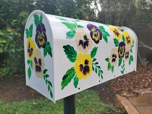 Custom Decor Standard Size Metal Post mount mailbox Yellow, Purple Pansies - Picture 1 of 9