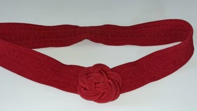 Vtg Red Fabric Flower Wide Stretchy Belt 32” Small Rose Elastic 2"  Retro 80s - Image 1 of 4