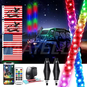 NEW 2Pcs 2FT RGB Spiral LED Whip Lights Antenna Chase + Flag&Remote for ATV UTV - Picture 1 of 8
