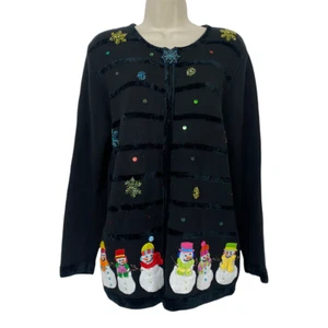 Christmas Cardigan Sweater Womens XS Quacker Factory Snowman Black Extra Small - Picture 1 of 9