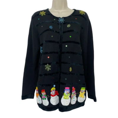 Christmas Cardigan Sweater Womens XS Quacker Factory Snowman Black Extra Small - Image 1 of 4