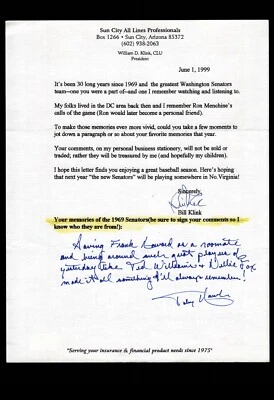 FAN LETTER RESPONSE - TOBY HARRAH RE: 1969 WASHINGTON SENATORS, BAS CERTIFIED - Image 1 of 2