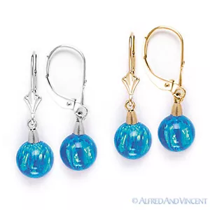 Pacific Blue Fiery Opal Gem Dangling Drop Earrings in 14k 14kt Yellow White Gold - Picture 1 of 7