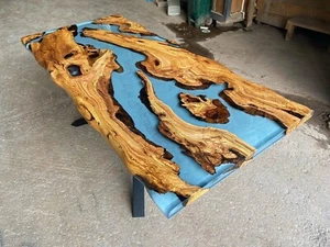 Custom Made Live Edge Olive Wood Light Blue & Gray Epoxy Dining Table - Picture 1 of 11
