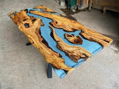 Custom Made Live Edge Olive Wood Light Blue & Gray Epoxy Dining Table - Image 1 of 4