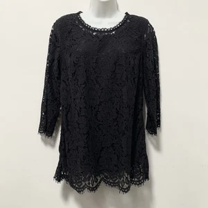 Isaac Mizrahi Live Black Lace 3/4 Sleeve Women’s Top With Fringe Hams Size XS - Picture 1 of 14