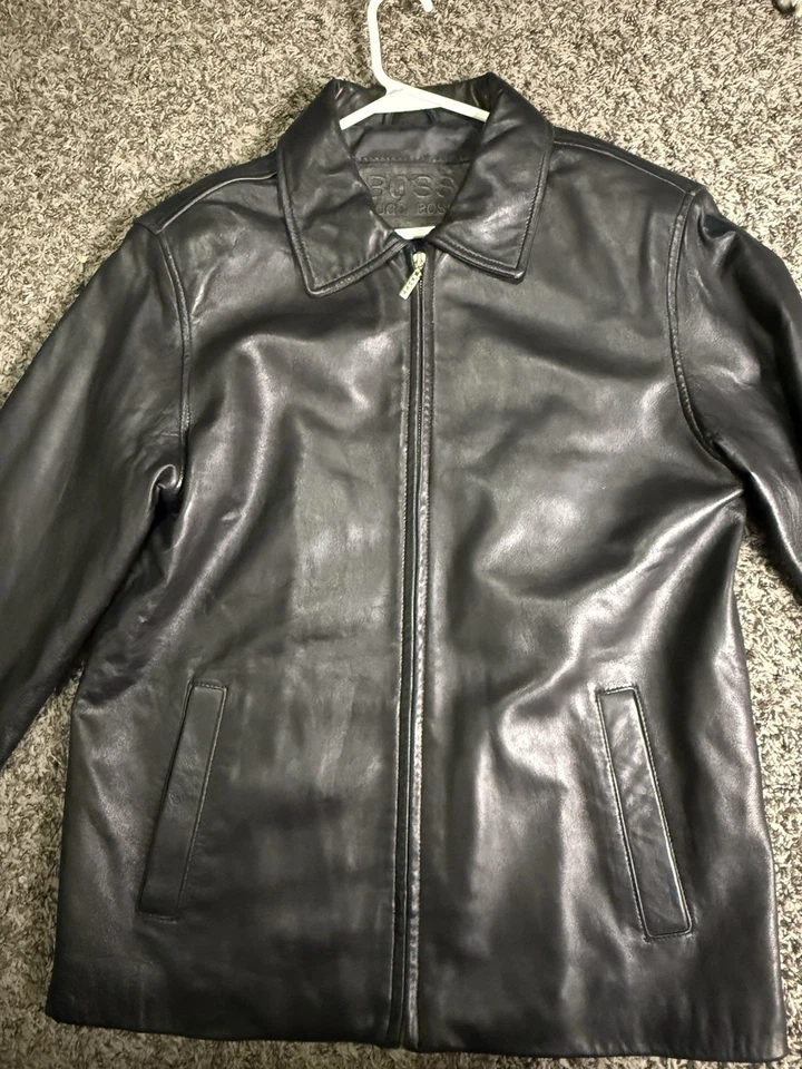 Hugo Boss Chaqueta de Cuero Negra Para Hombre’s M Genuino Cuero Cremallera Frontal Abrigo Clásico Foto 1 de 4