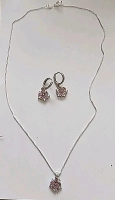 Pink Snowflake Stone Set In 925 18" Necklace Pendant Pierced Earrings NWOT  - Image 1 of 4