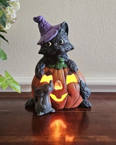 Vintage handbemalte Keramik Jack O’Lantern & schwarze Katze Halloween funktioniert -9” - Bild 1 von 7