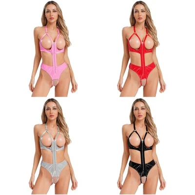 Frauen Romper Halter Bodysuit Unterwäsche Leotard Patentleder Erwachsene Freu - Bild 1 von 4