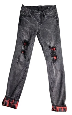 Pantalones de mezclilla Judy azul ajustado desgastados rojos a cuadros puño abatible para mujer 3 26x28 grunge Foto 1 de 4