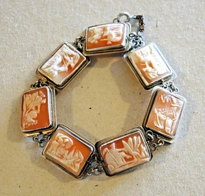 IMPRESSIVE ANTIQUE EDWARDIAN 925 SILVER 7 PANEL LINK SHELL CAMEO BRACELET #1 - Picture 1 of 4