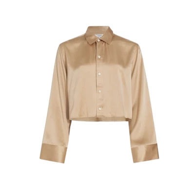 Blusa Camisa Top Cortada Montura Seda Manga Ancha Mujer XL Caqui Tostado Con Botones Foto 1 de 4