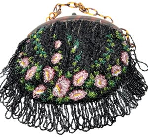 Antique 1920's Art Deco Beaded Purse Roses & Faux Tortoiseshell Chain Handle - Picture 1 of 6