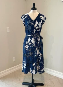 NWT Talbots Blue Floral V-Neck Midi Dress Self-Belted w/Pockets Faux Button-Up  - Picture 1 of 20