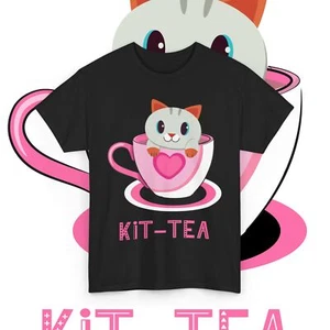 Kit-Tea Cat Funny T-Shirt Sarcastic Kitten Trendy Tee Unisex Gift - Picture 1 of 4
