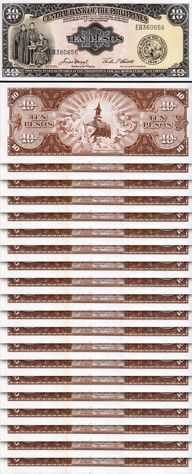 Philippines 10 Pesos, 1949, UNC, 20 Pcs LOT, P-136e, Sign 5, Prefix EB - Image 1 of 4