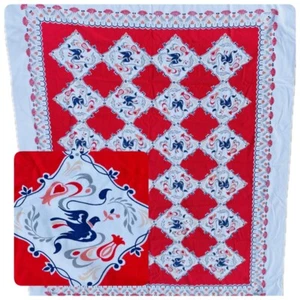 Mantel vintage Simtex 60x51 rojo azul retro mediados de siglo MCM pájaros palomas corazón - Imagen 1 de 9
