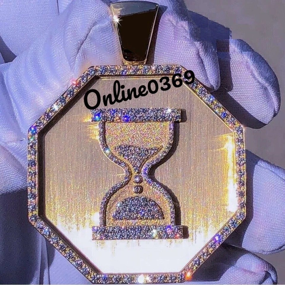 1.24 ct Round Cubic Zirconia Mens Custom Oct agonal Hour Glass Pendant Silver - Image 1 of 4